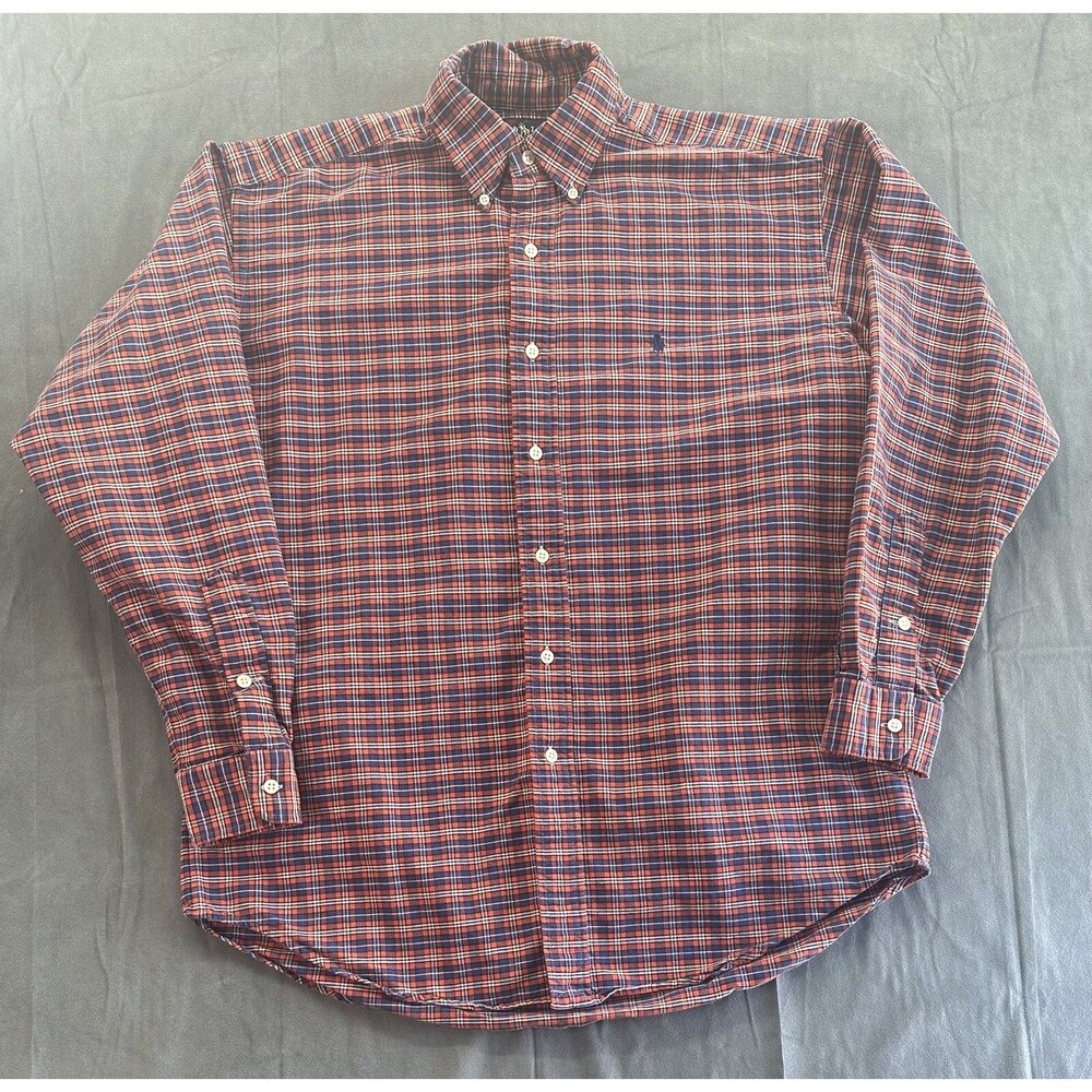 Ralph Lauren Blake Shirt Mens Medium Orange Blue Plaid Button Long Sleeve Button